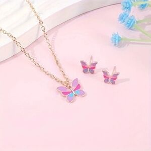 Colorful Girls Butterfly Pendant Necklace with Earrings 3pcs‎ Set